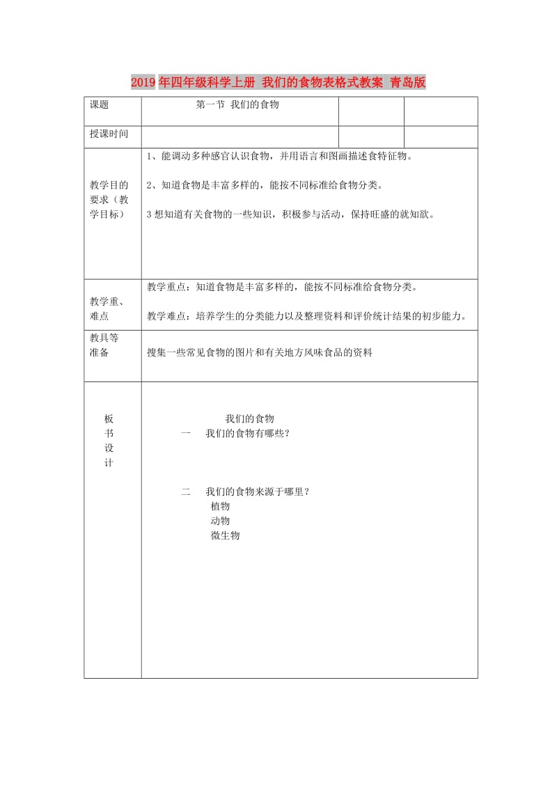 2019年四年级科学上册 我们的食物表格式教案 青岛版.doc_第1页