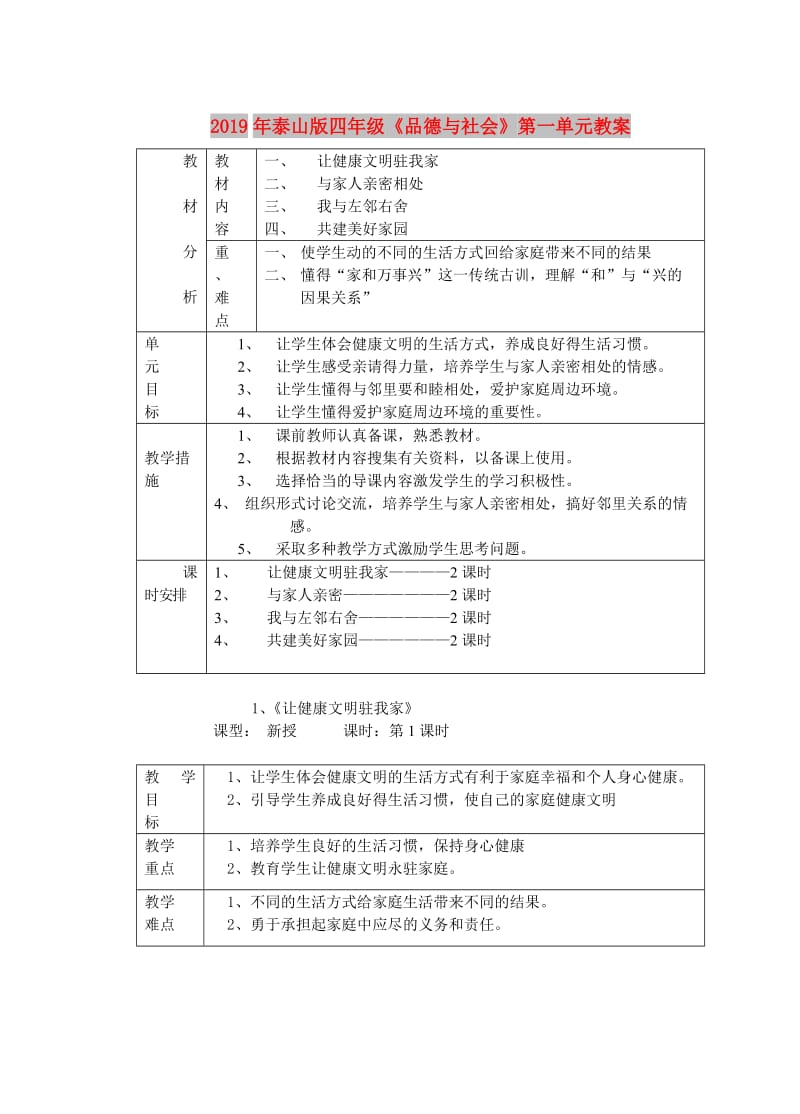 2019年泰山版四年级《品德与社会》第一单元教案.doc_第1页