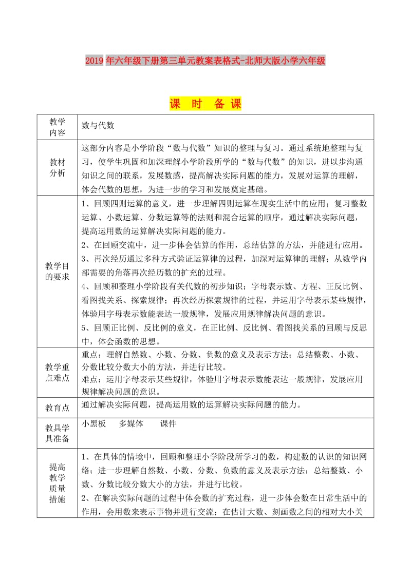 2019年六年级下册第三单元教案表格式-北师大版小学六年级.doc_第1页