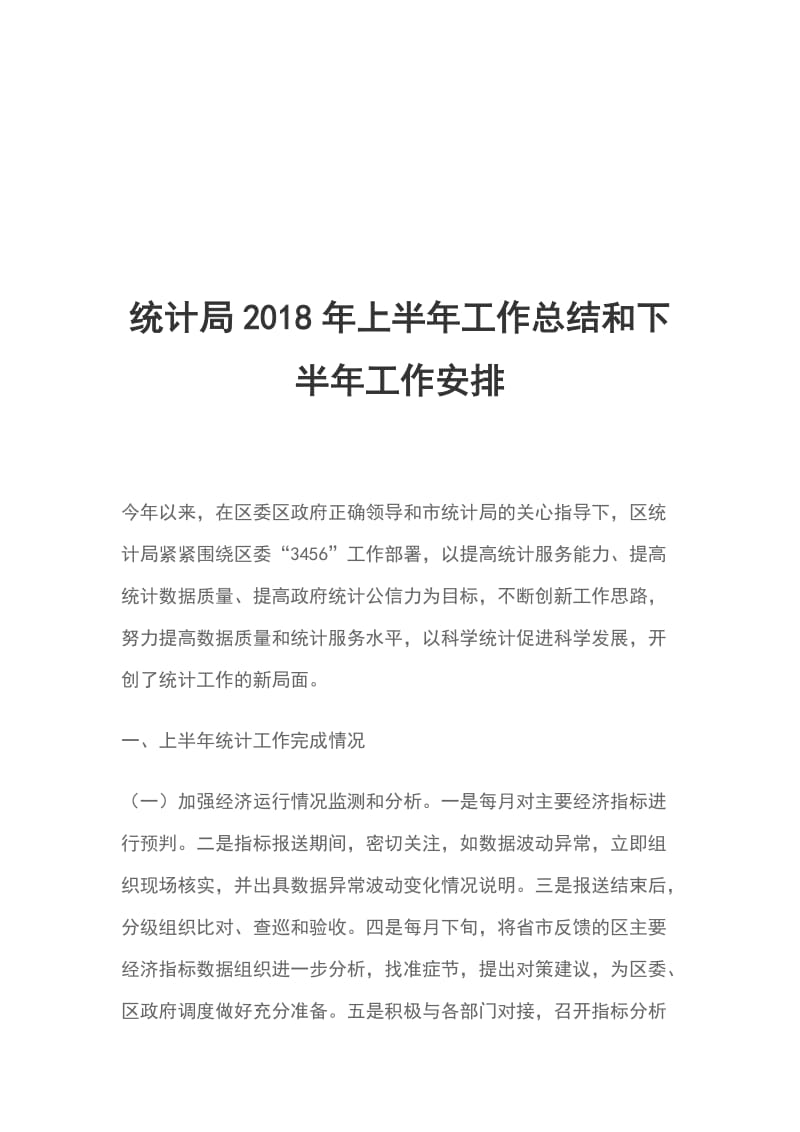 统计局2018年上半年工作总结和下半年工作安排_第1页