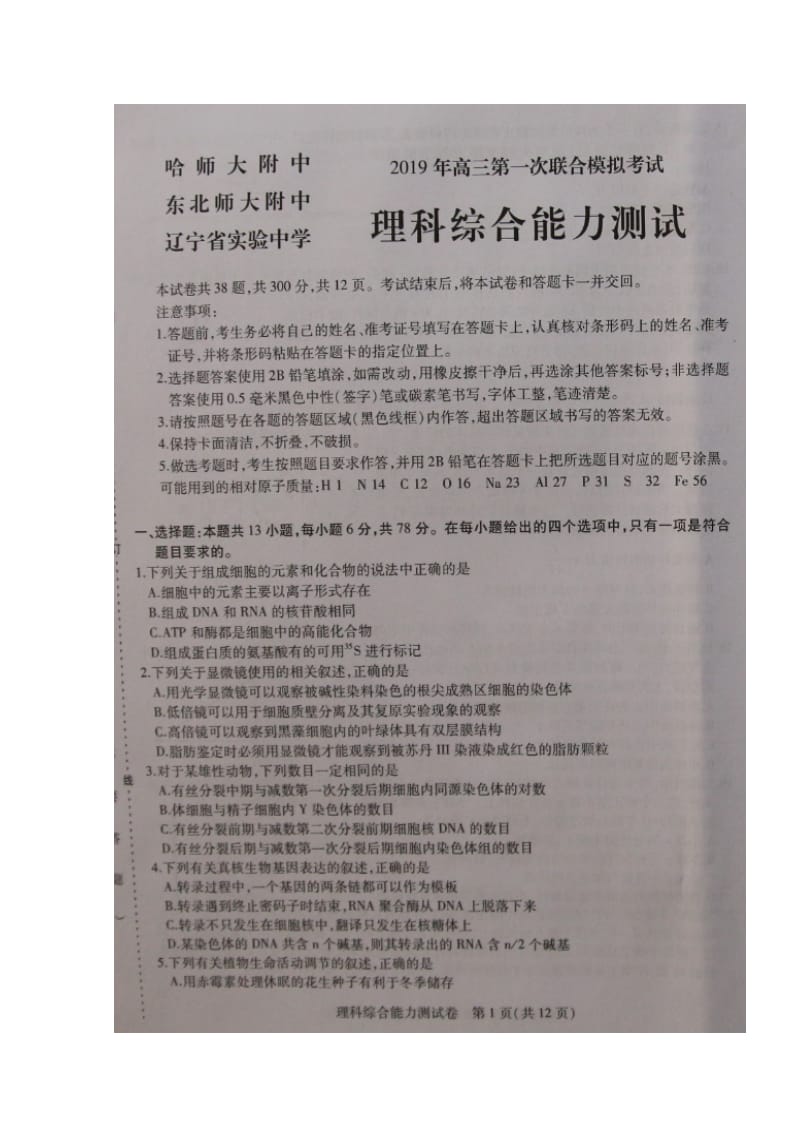 东北三省三校（哈尔滨师大附中、东北师大附中、 辽宁省实验中学）2019届高三第一次模拟理科综合试题 扫描版含答案_第1页