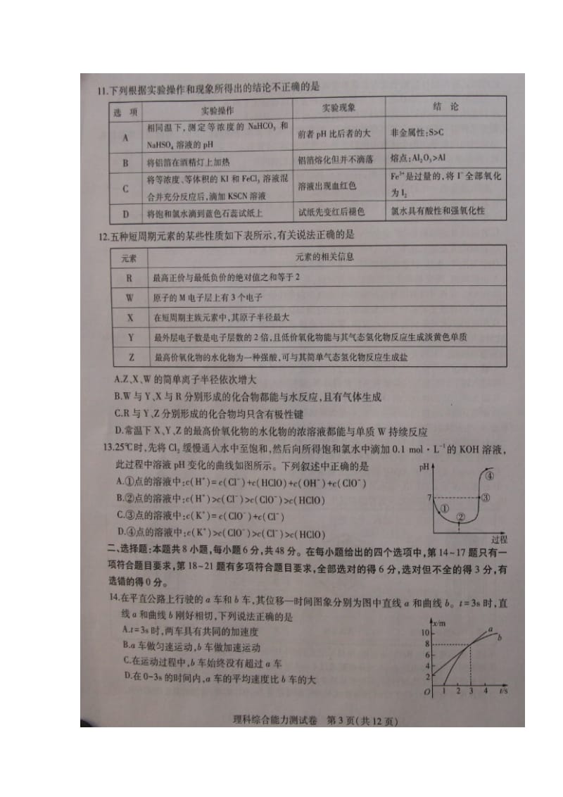 东北三省三校（哈尔滨师大附中、东北师大附中、 辽宁省实验中学）2019届高三第一次模拟理科综合试题 扫描版含答案_第3页