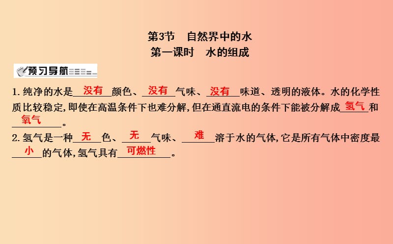 2019届九年级化学上册 第2章 身边的化学物质 第3节 自然界中的水 第1课时 水的组成课件 沪教版.ppt_第1页