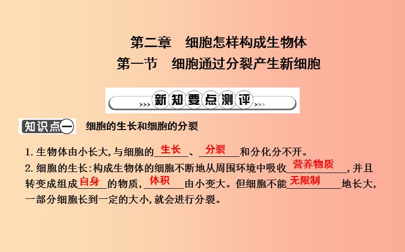 2019年七年级生物上册2.2.1细胞通过分裂产生新细胞复习课件 新人教版.ppt_第1页