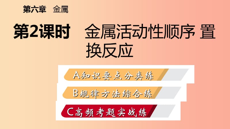 2019-2020学年九年级化学下册 第六章 金属 6.2 第2课时 金属活动性顺序 置换反应同步练习课件 粤教版.ppt_第2页