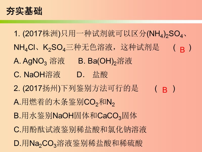 2019中考化学必备复习 第五部分 化学实验 第4节 物质的检验与鉴别（课后提升练）课件.ppt_第2页