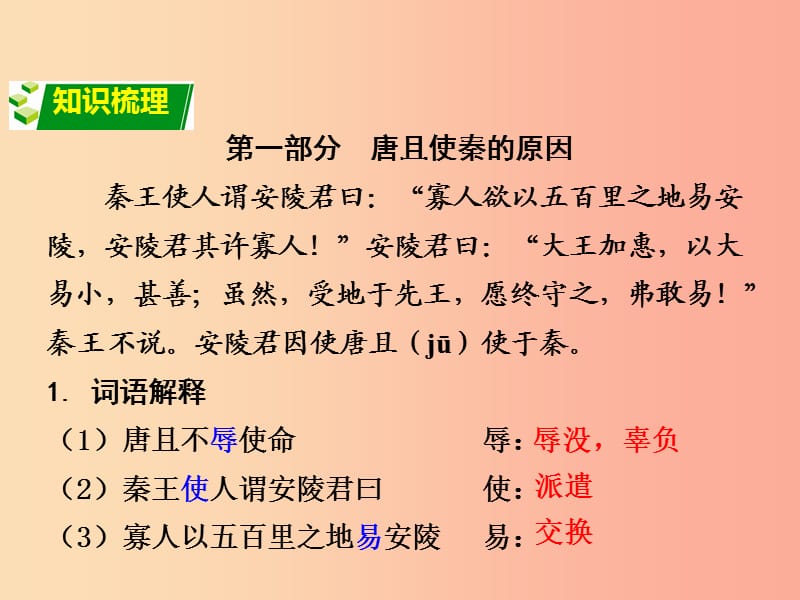 2019中考语文锁分二轮复习 文言文阅读《唐雎不辱使命》课件 北师大版.ppt_第2页