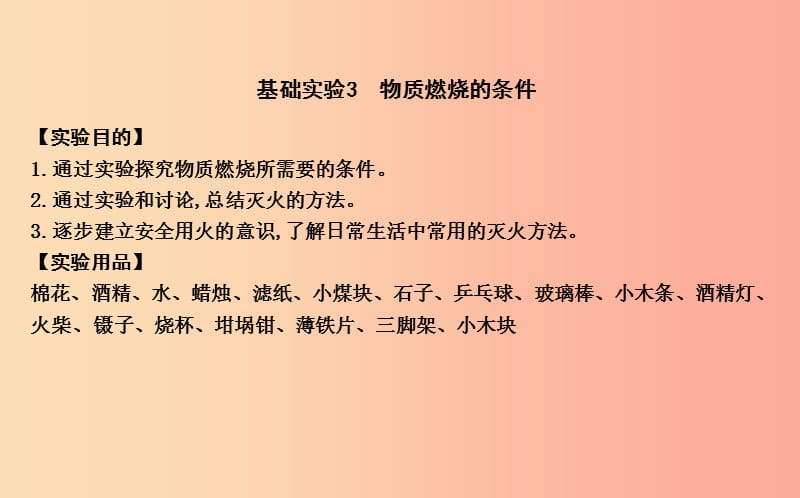 2019届九年级化学上册 第4章 认识化学变化 基础实验3 物质燃烧的条件课件 沪教版.ppt_第1页