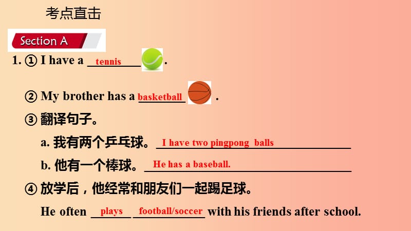 2019年秋七年级英语上册 Unit 5 Do you have a soccer ball Section A考点直击课件 新人教版.ppt_第3页