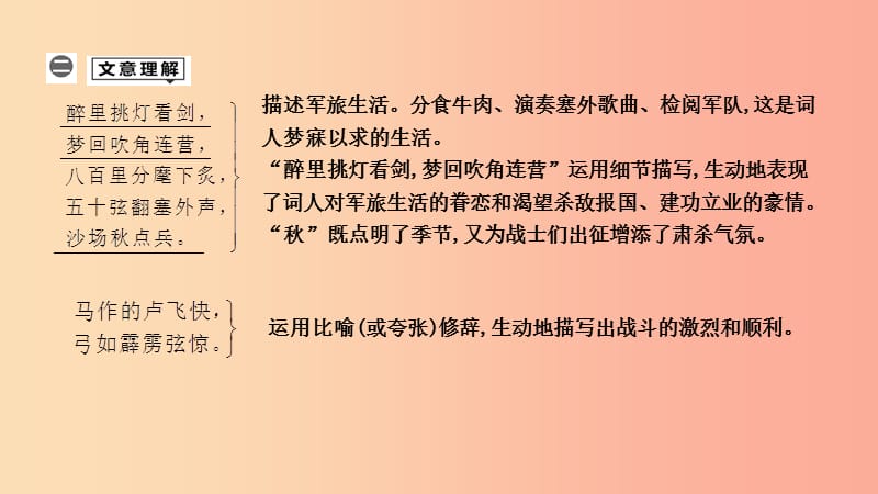 2019年中考语文总复习 第一部分 教材基础自测 九下 古诗文 词四首 破阵子 为陈同甫赋壮词以寄之 新人教版.ppt_第2页