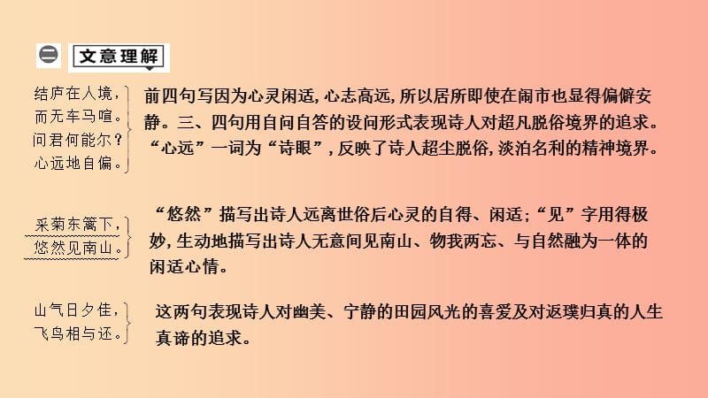 2019年中考语文总复习 第一部分 教材基础自测 八上 古诗文 诗词五首 饮酒（其五）课件 新人教版.ppt_第2页