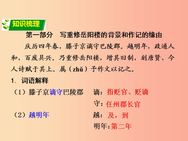 2019中考语文锁分二轮复习 文言文阅读《岳阳楼记》课件 北师大版.ppt_第2页