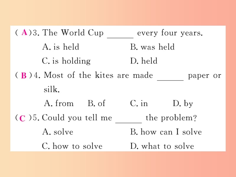 2019秋九年级英语全册 Unit 5 What are the shirts made of Section B（1a-1e）课时检测课件 新人教版.ppt_第3页