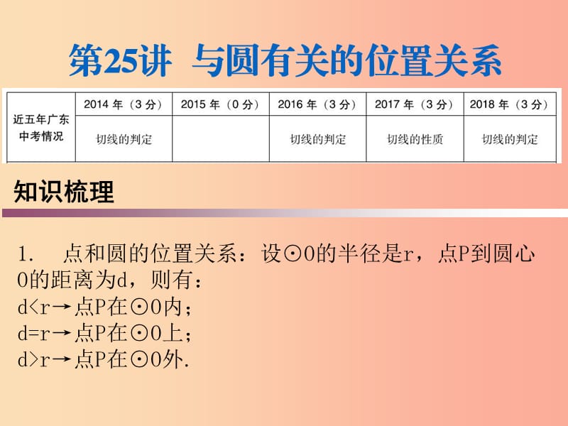 广东省2019年中考数学复习 第一部分 知识梳理 第六章 圆 第25讲 与圆有关的位置关系课件.ppt_第1页