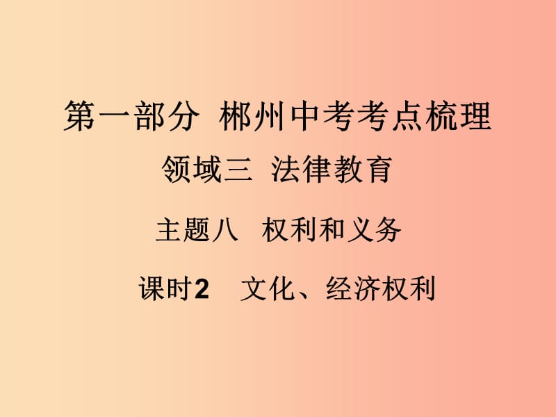 湖南省郴州市2019中考政治 领域三 法律教育 课时2 文化、经济权利课件.ppt_第1页