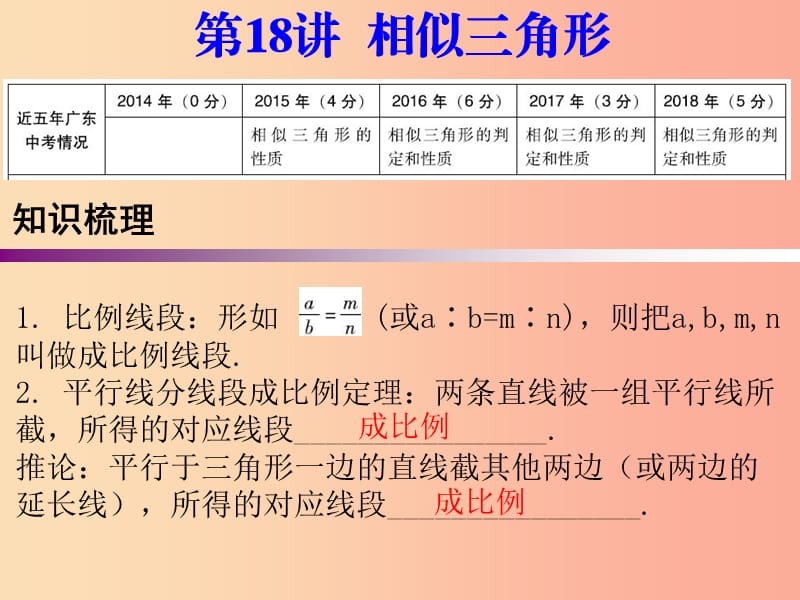 廣東省2019年中考數(shù)學(xué)復(fù)習(xí) 第一部分 知識梳理 第四章 三角形 第18講 相似三角形課件.ppt_第1頁