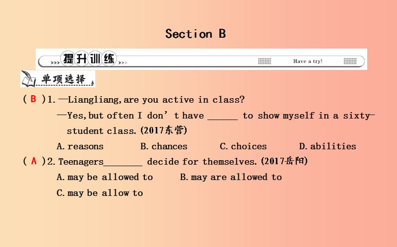 九年级英语全册 Unit 7 Teenagers should be allowed to choose their own clothes Section B课时训练.ppt_第1页