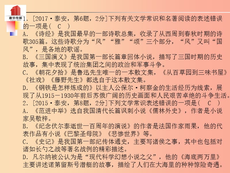 （泰安专版）2019年中考语文 第二部分 专题复习 高分保障 专题六 文学文化常识与名著阅读课件.ppt_第3页