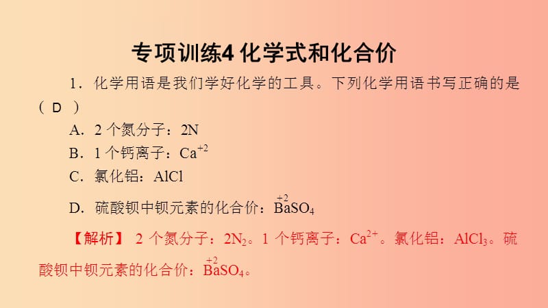 2019秋九年级化学上册 第四单元 自然界的水 专项训练4 化学式和化合价导学课件 新人教版.ppt_第1页