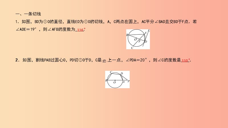 （武汉专版）2019年秋九年级数学上册 第二十四章 圆 专题36 与切线有关的角度计算课件 新人教版.ppt_第2页