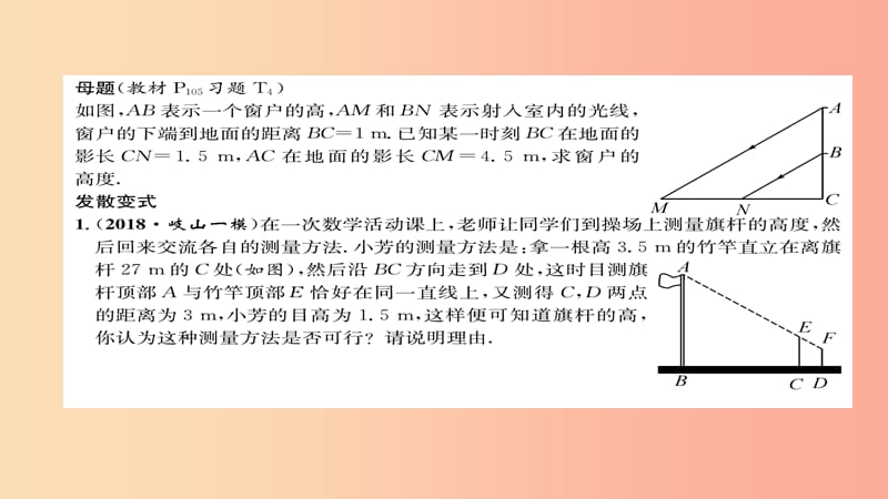 2019年秋九年级数学上册 第四章 图形的相似 6 利用相似三角形测高（练习手册）课件（新版）北师大版.ppt_第2页