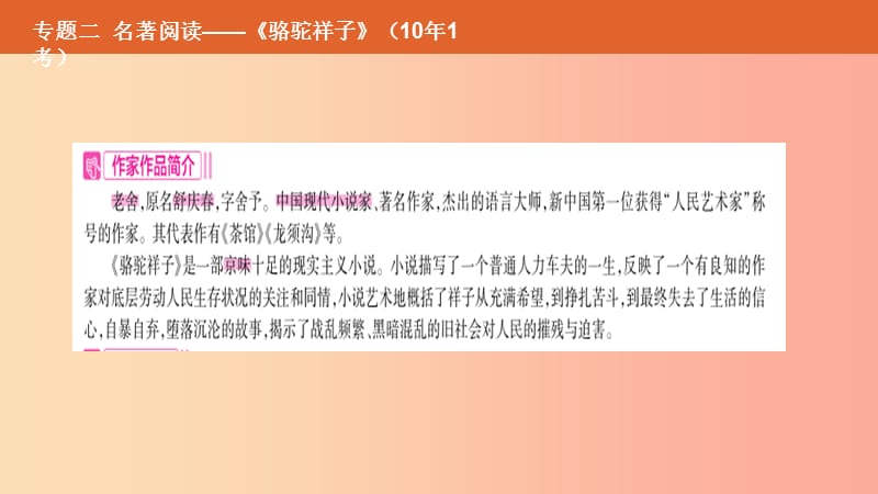 （安徽专用）2019年中考语文总复习 第二部分 语文积累与综合运用 专题二 名著阅读《骆驼祥子》课件.ppt_第2页