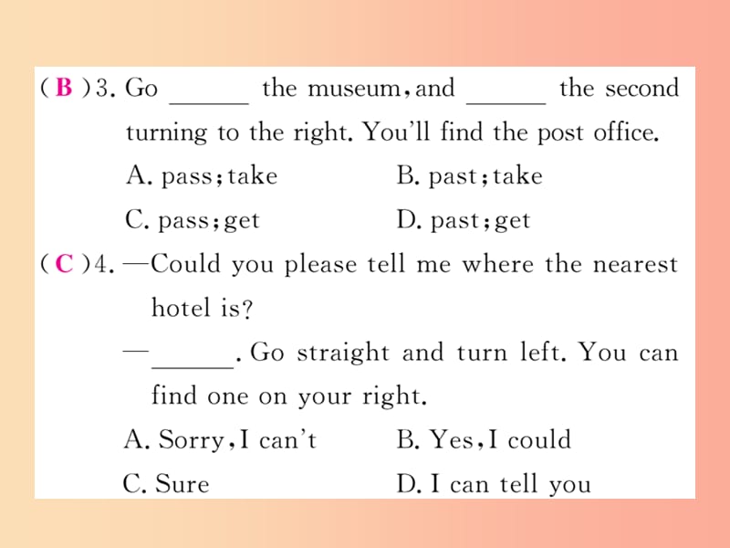 九年级英语全册 Unit 3 Could you please tell me where the restrooms are Section A（1a-2d）课时检测.ppt_第3页