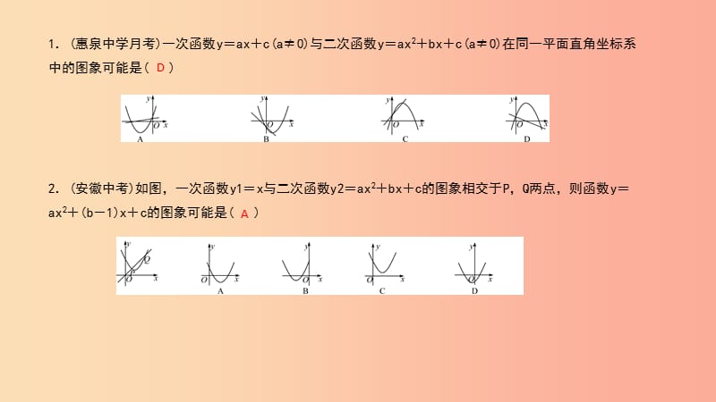 （武汉专版）2019年秋九年级数学上册 第二十二章 二次函数 专题13 二次函数与一次函数课件 新人教版.ppt_第2页