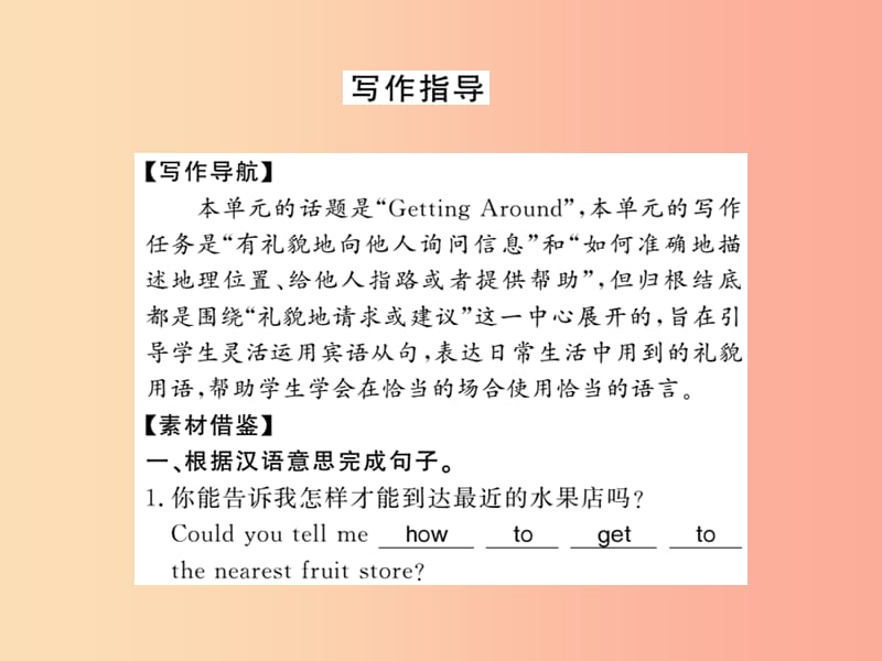 2019秋九年级英语全册 Unit 3 Could you please tell me where the restrooms are写作小专题新人教版.ppt_第2页