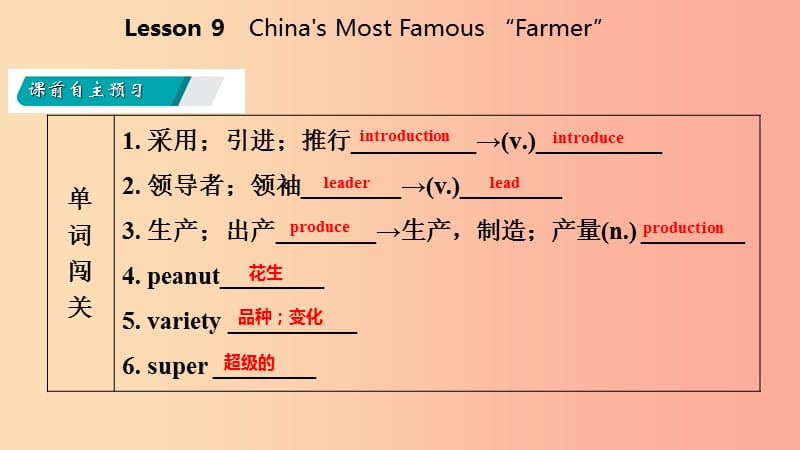 2019年秋九年级英语上册 Unit 2 Great People Lesson 9 China’s Most Famous“Farmer”导学课件 冀教版.ppt_第3页