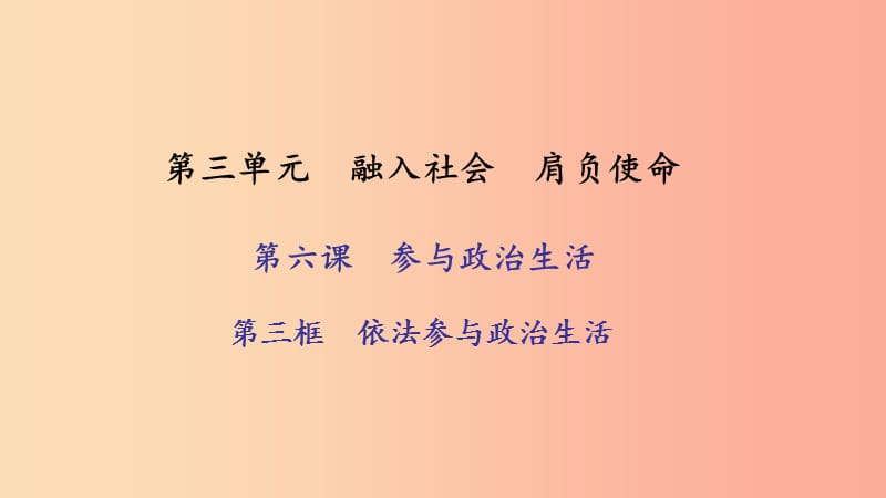 九年级政治全册 第三单元 融入社会 肩负使命 第六课 参与政治生活 第三框 依法参与政治生活习题 新人教版.ppt_第1页