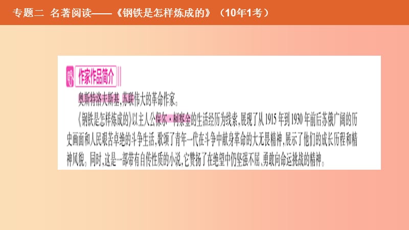 （安徽专用）2019年中考语文总复习 第二部分 语文积累与综合运用 专题二 名著阅读《钢铁是怎样炼成的》课件.ppt_第2页