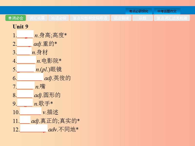 （课标通用）安徽省2019年中考英语总复习 第二部分 七下 第5课时 Unit 9-12课件.ppt_第2页