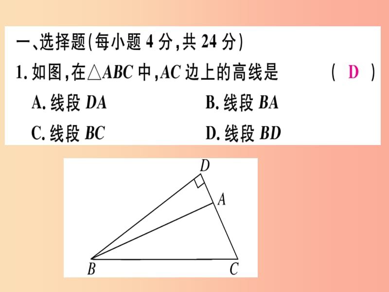 （广东专用）八年级数学上册 阶段综合训练一 三角形中的线段与角课件 新人教版.ppt_第2页