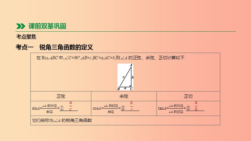 河北省2019年中考数学总复习 第四单元 图形的初步认识与三角形 第19课时 锐角三角函数及其应用课件.ppt_第2页