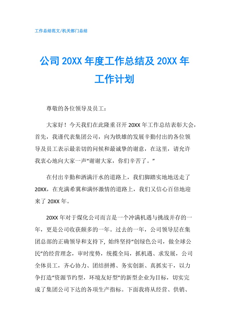 公司20XX年度工作总结及20XX年工作计划.doc_第1页