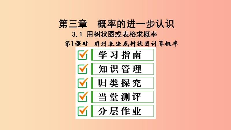 九年级数学上册 第三章 概率的进一步认识 1 用树状图或表格求概率 第1课时 用列表法或树状图计算概率 .ppt_第1页