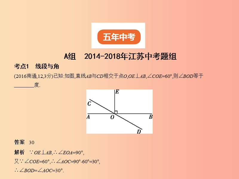 （江苏专版）2019年中考数学一轮复习 第四章 图形的认识 4.1 基本图形、相交线与平行线（试卷部分）课件.ppt_第2页