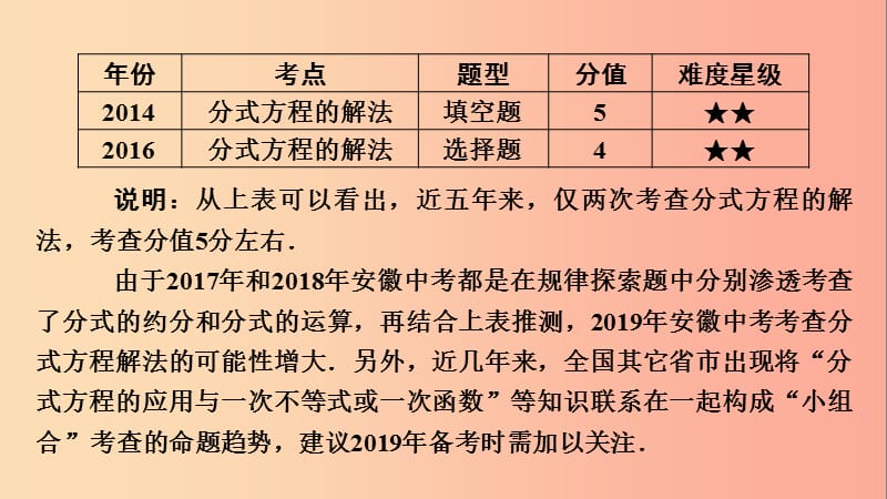 安徽省2019中考数学决胜一轮复习第2章方程组与不等式组第3节分式方程及其应用课件.ppt_第3页