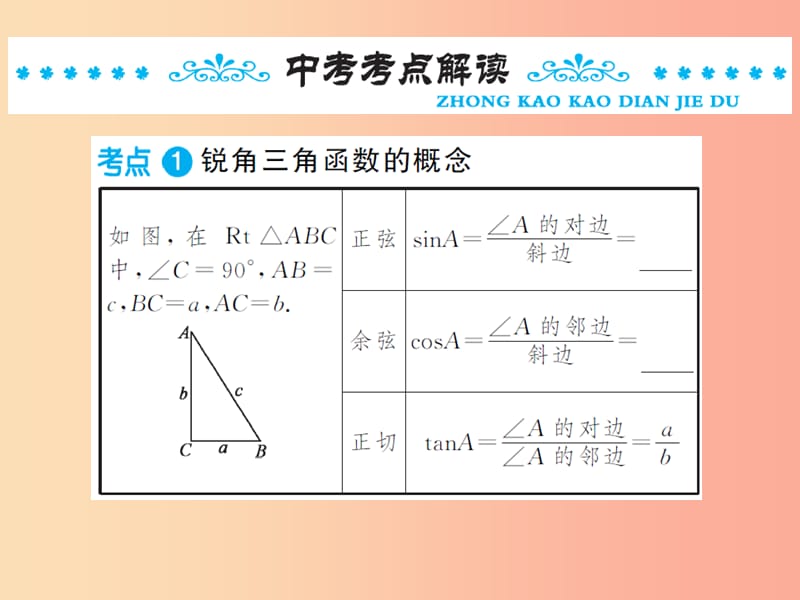 2019年中考数学总复习 第四章 图形的初步认识与三角形 第六节 锐角三角函数及其应用课件.ppt_第2页