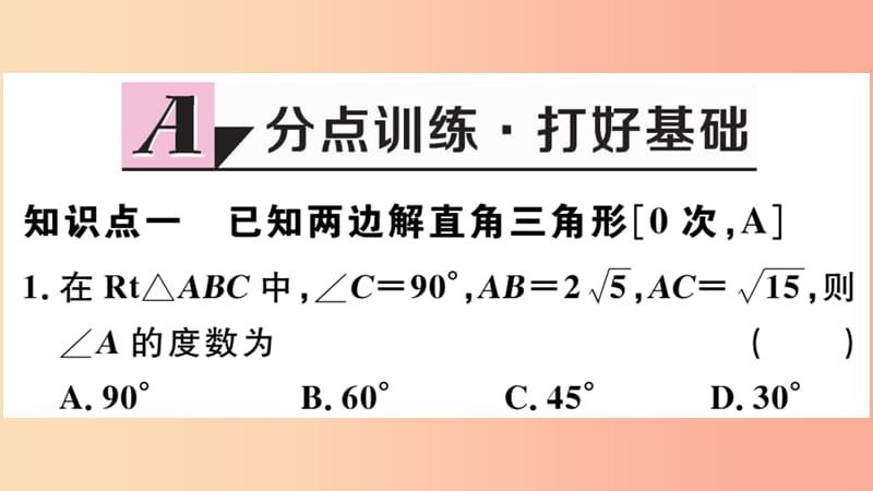 九年级数学下册 第二十八章 锐角三角函数 28.2 解直角三角形及其应用 28.2.1 解直角三角形习题讲评 .ppt_第2页