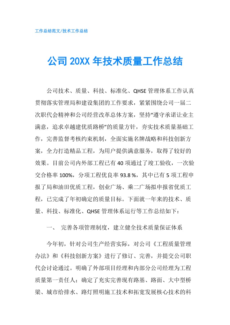 公司20XX年技术质量工作总结.doc_第1页