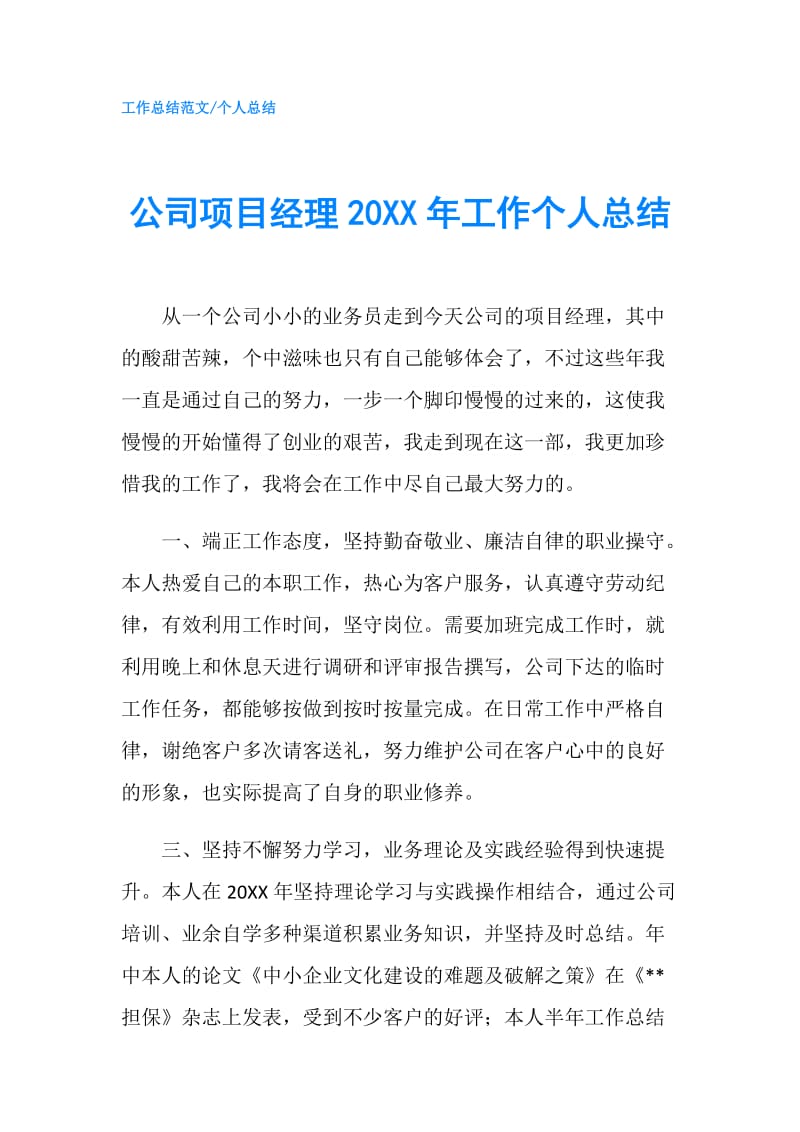 公司项目经理20XX年工作个人总结.doc_第1页