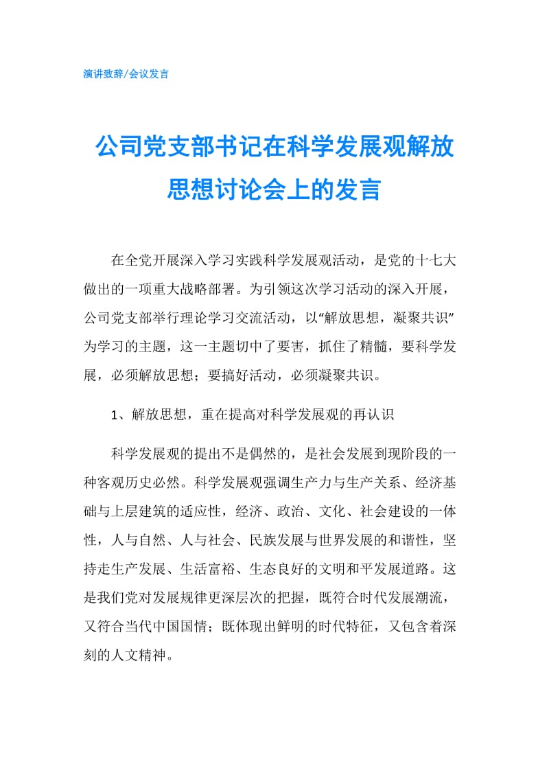 公司党支部书记在科学发展观解放思想讨论会上的发言.doc_第1页