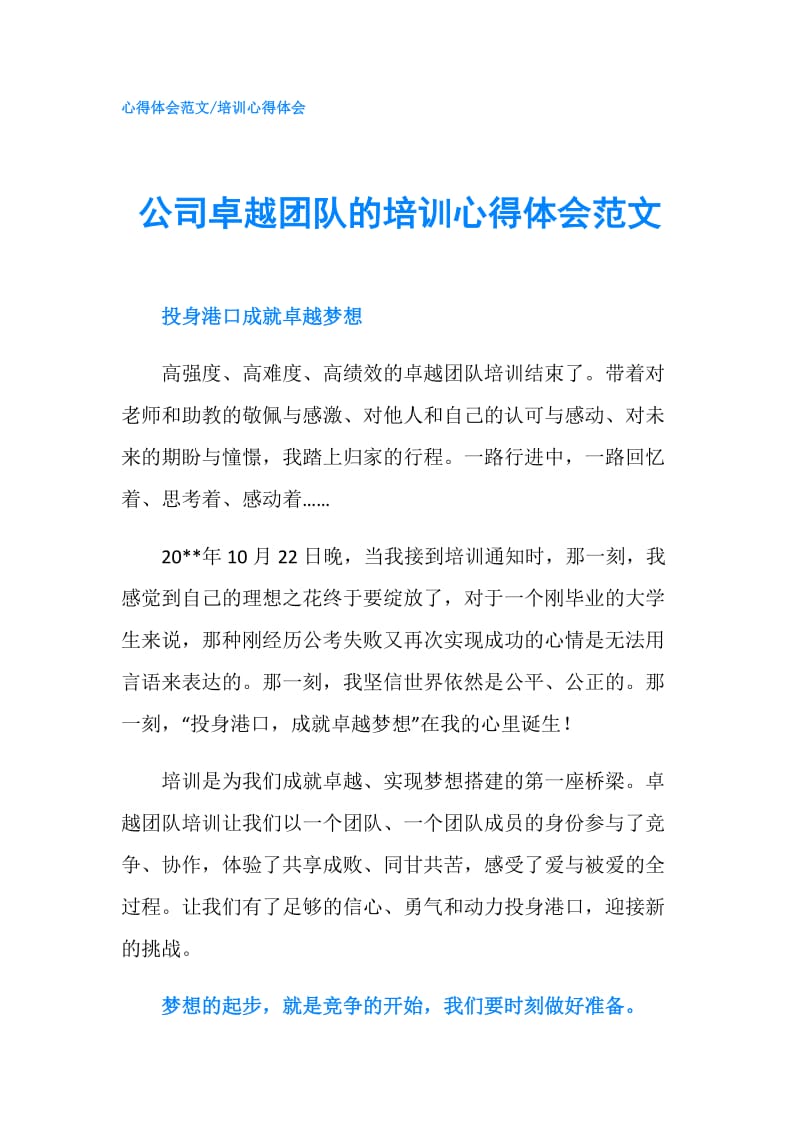 公司卓越团队的培训心得体会范文.doc_第1页