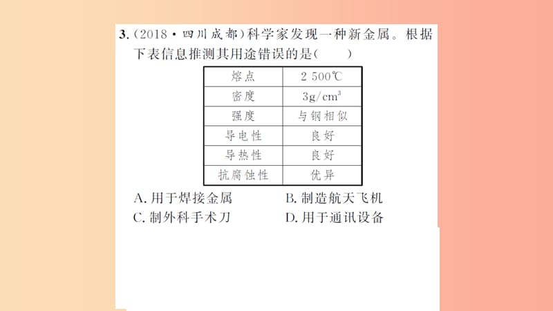 湖北省2019中考化学一轮复习 课后训练十二 金属材料、金属的化学性质习题课件.ppt_第3页