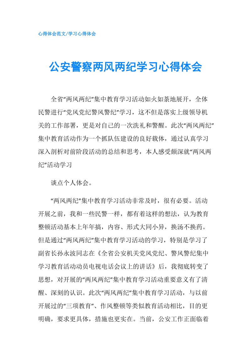 公安警察两风两纪学习心得体会.doc_第1页