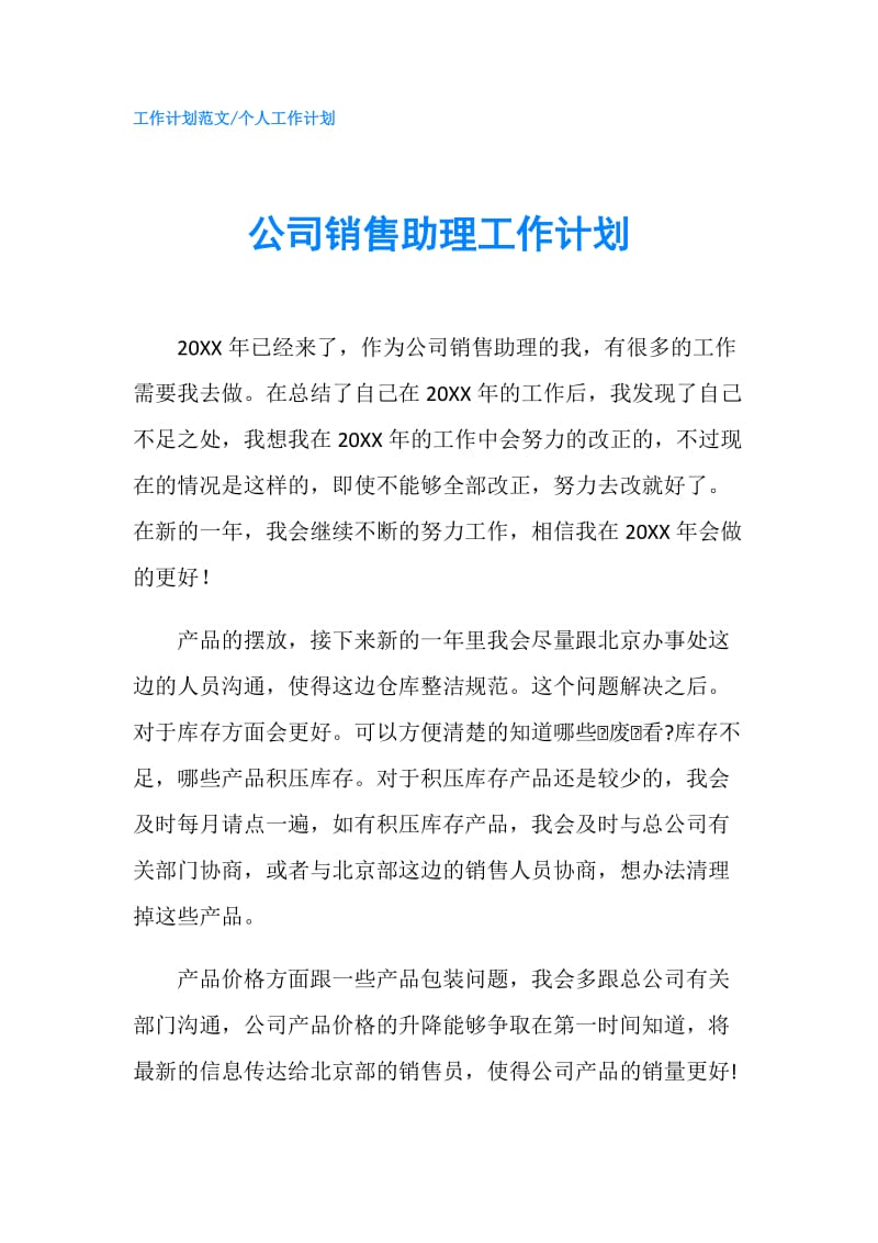 公司销售助理工作计划.doc_第1页