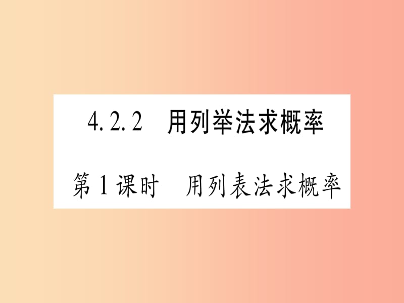 九年级数学下册 第4章 概率 4.2 概率及其计算 4.2.2 用列举法求概率 第1课时 用列表法求概率作业 湘教版.ppt_第1页