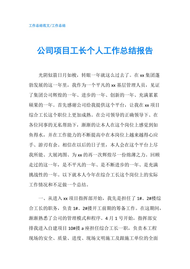 公司项目工长个人工作总结报告.doc_第1页